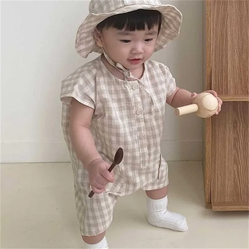 Miallcel Summer Baby Kläder Koreanska Loose Romper Solid Bomull Overaller Plaid Short Sleeve Boys Outfits 211011