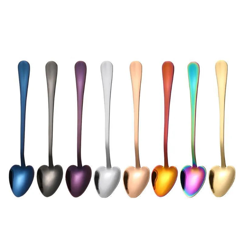 2021 1PC Rainbow Heart Shape Stainless Steel Dessert Coffee Spoon Sugar Honey Ice Cream Tools Kitchen Dinnerware Milk Scoops