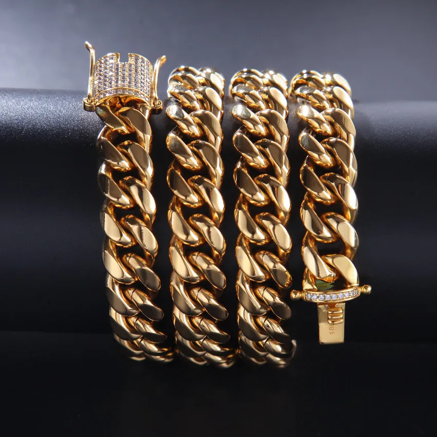 Stainless Steel Bling Crystal Zircon Cuban Chain Gold Diamond Link Bracelet Necklaces for Men Nightclub Hip Hop Fashion Jewelry Will and Sandy