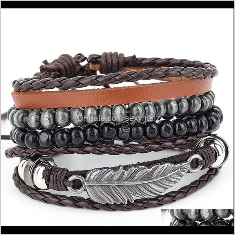 boho vintage leaf feather men multilayer leather bracelet 2020 fashion handmade braided bead rope wrap male bracelets & bangles