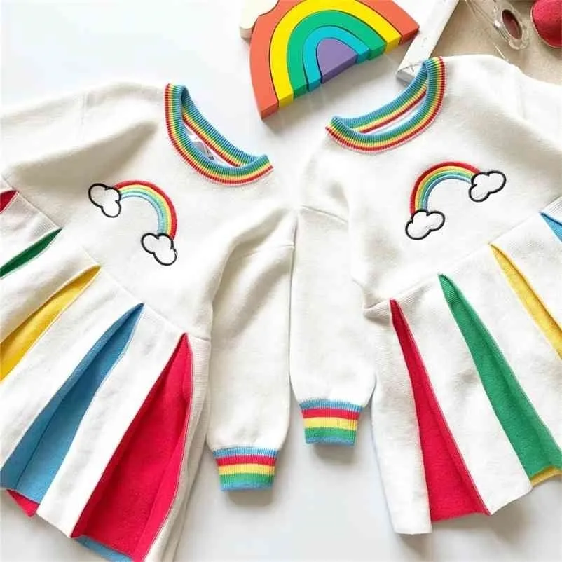 Baby Girl Dress Rainbow Stickning Långärmad Fall Outfit Kläder Vinter Kids Klänningar för S 210521