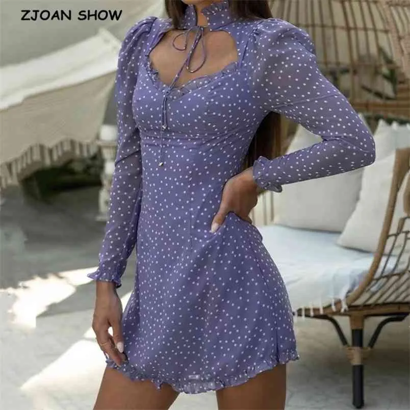Vintage France Style Purple Polka Dot Drukuj Hollow Out Women Dress Długim Rękawem Sznurowanie Slim Girl's Mini Dresses 210429