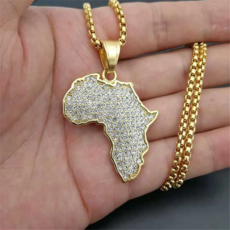 Hip Hop Buzlu Afrika Haritası Kolye Altın Renk Paslanmaz Çelik Rhinestones Kolye Afrika Takı Bütün