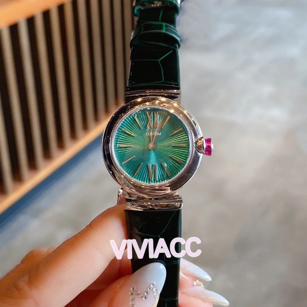 fashion women sapphire glass geometric circle Wrist watch green leather clock lady dress roman number diamond watches 28mm
