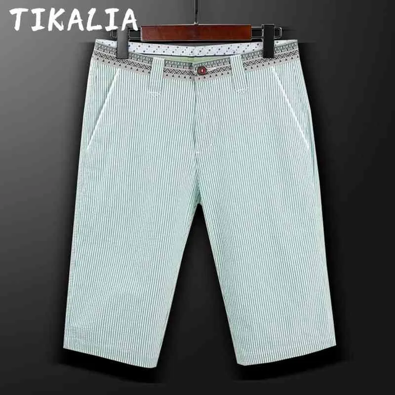 2022 Shorts for Men Summer Casual Striped Bermudas Male Elastic Waist Chinos Byxor Kne L￤ngd Pure Cotton 220312