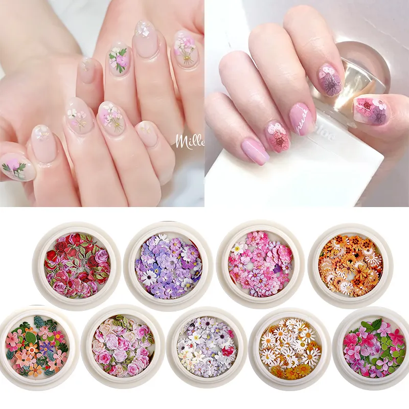 50st / box nail art färg blandad liten tusensköna blomma ros ultra-tunna trä massa patch DIY naglar sequins smycken finger dekoration tillbehör