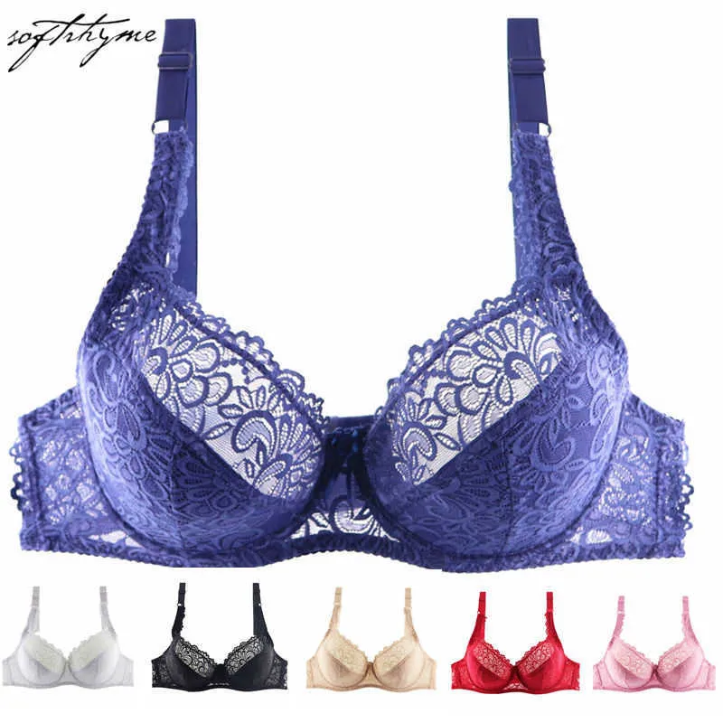 Softrhyme Large Cup Woman Underwear Floral Lace Bra Underwire Bralette Lingerie Female Unpadded Half-Transparent Brassiere 210623