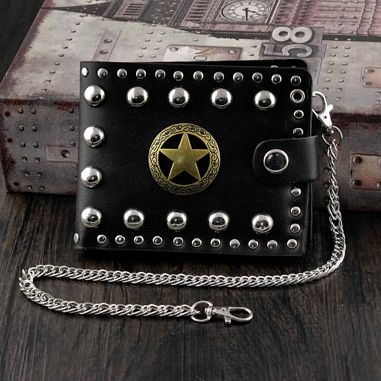 Uchwyt Skórzany Portfel Mężczyźni Chłopcy Punk Studded Card z bezpiecznym łańcuchem