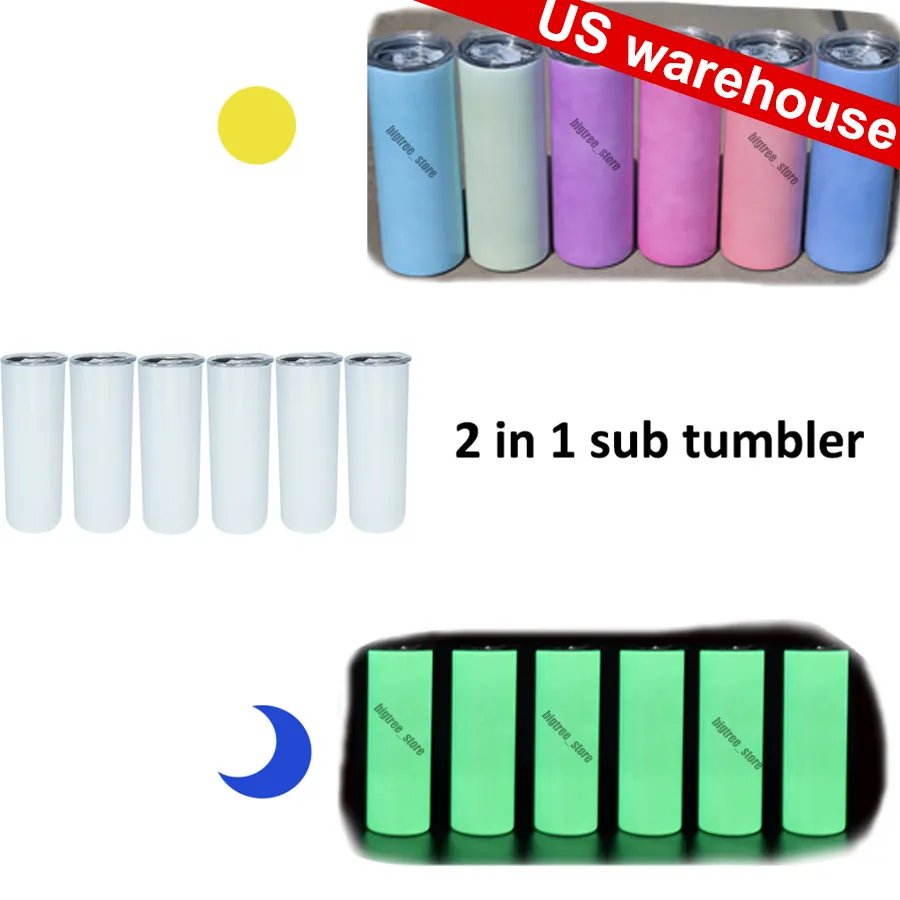 미국 창고 두 기능 어두운 UV 색상 교환 텀블러 20oz 승화 텀블러 태양 라이트 감각 스테인레스 스테인리스 스키니 머그