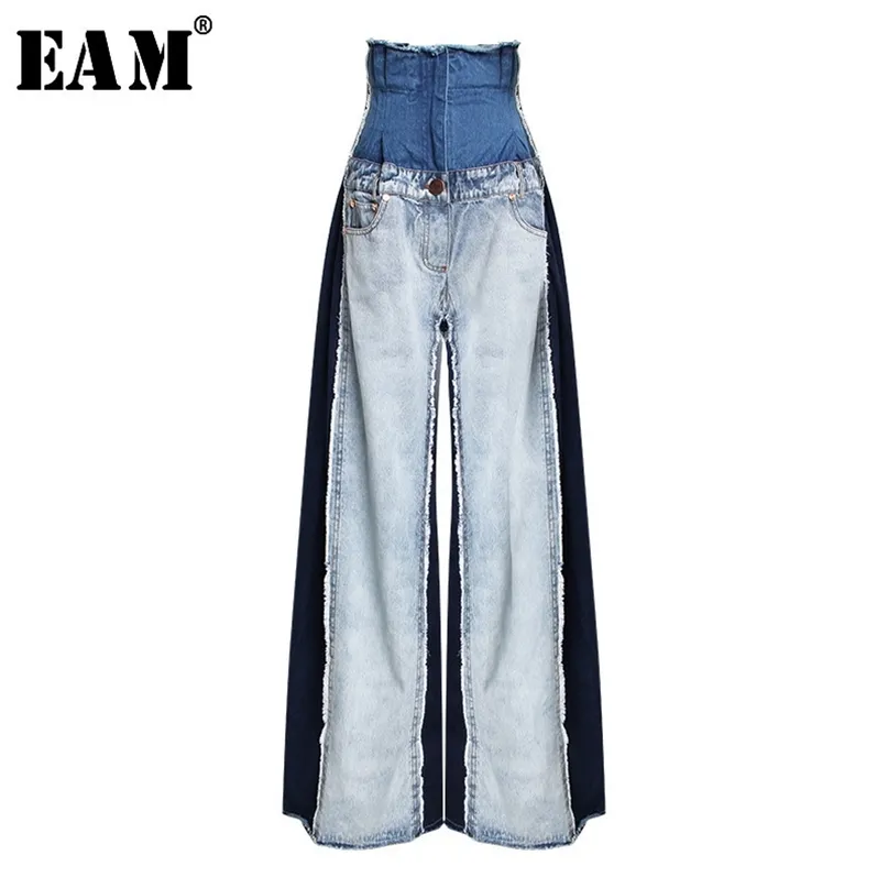 [EAM]ハイウエストブルーのコントラストカラーデニムバリワイドレッグジーンズ緩い女性のズボンファッション春秋JR841 211129