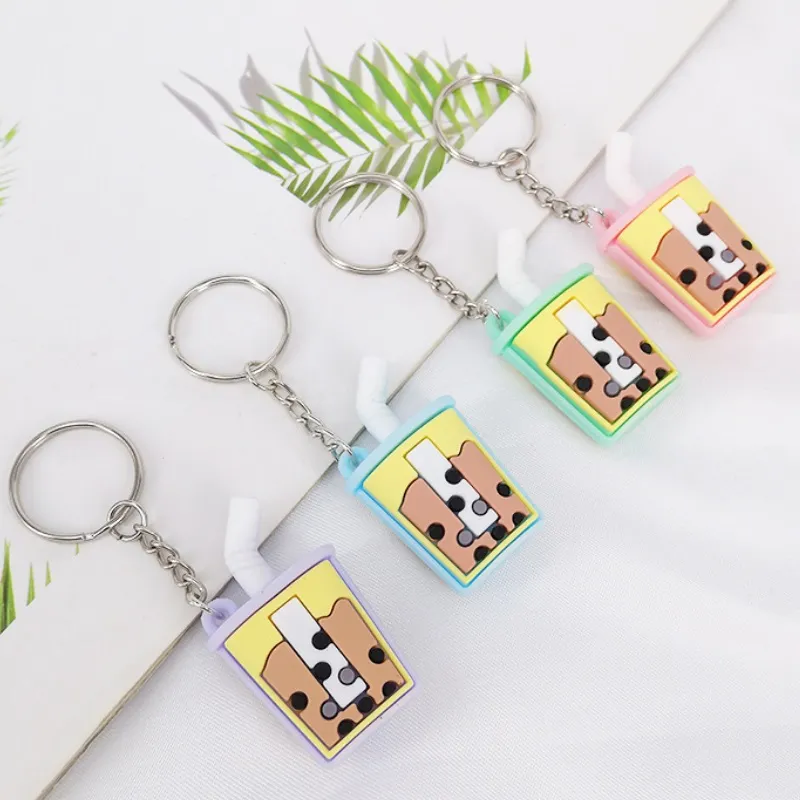 Porte-clés en caoutchouc souple PVC, matériau Imitation tasse de thé au lait, porte-clés en métal pendentif jouets petits cadeaux unisexe