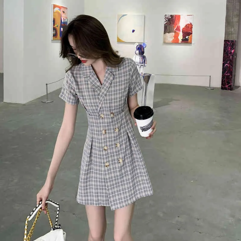 Pak kraag jurk zomer koreaanse plaid splicing dubbele breasted korte mouwen mini korte jurk voor vrouwen vintage jurk 210515