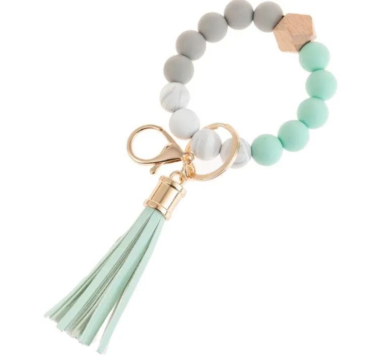 Silicone Beaded Bangle Keychain with Tassel for Women Party Favor, Wristlet Key Ring Bracelet SN3027