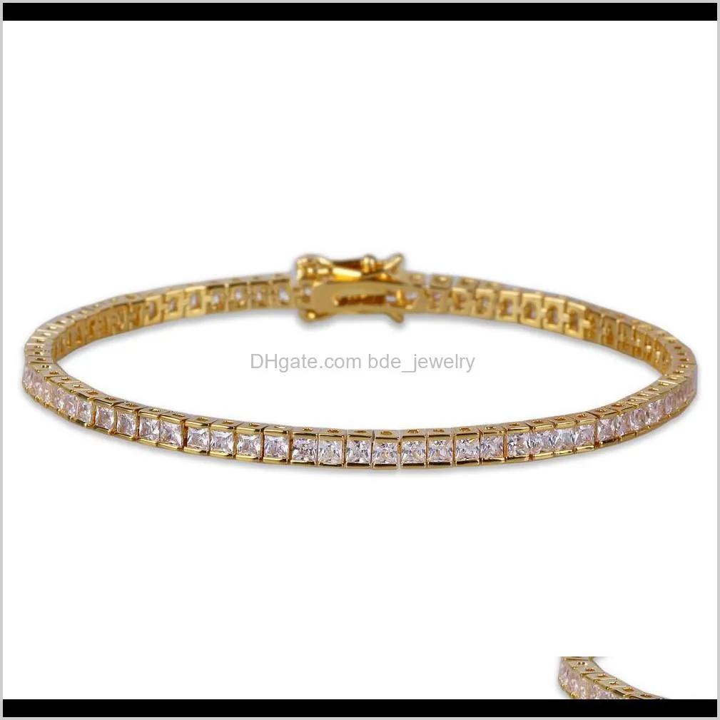 18k gold hip hop square cz zircon tennis bracelet chain 4/6mm iced out princess diamond full set wristband for men & women rapper
