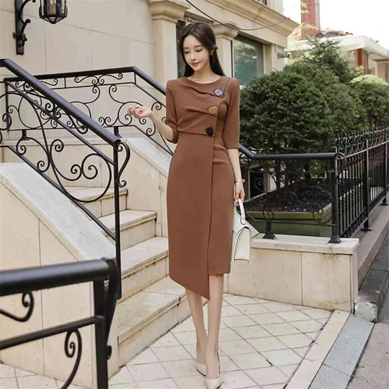 Oregelbunden klänning One Piece Koreanska Ladies Brown O Neck Retro Långärmad Sexig Office Party Midi Klänningar för Kvinnor Kläder 210331