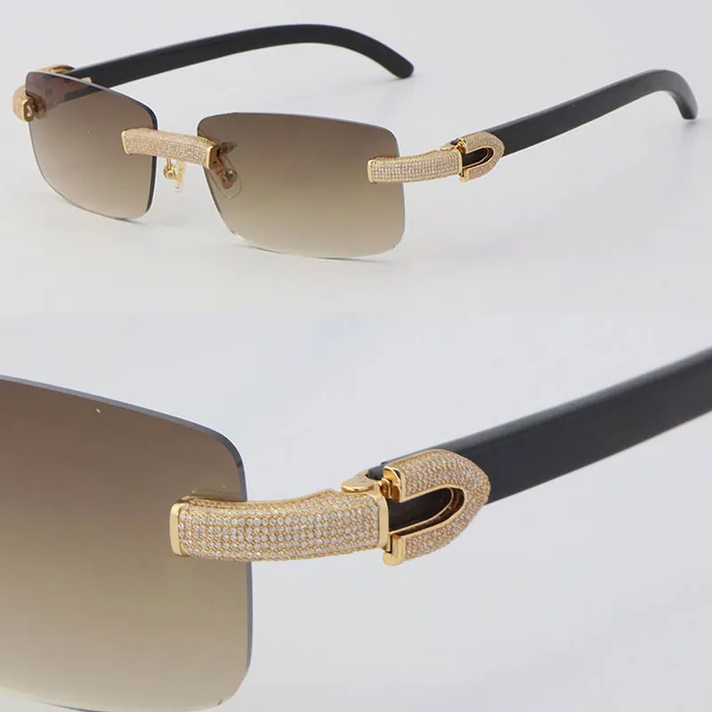 2022 Ny mikrobelagd diamant Rimless Solglasögon 8200757 Original Black Buffalo Horn Luxury Rocks Frame 18K Guld C Dekoration Man och Kvinna Glasögon Unisex Brown