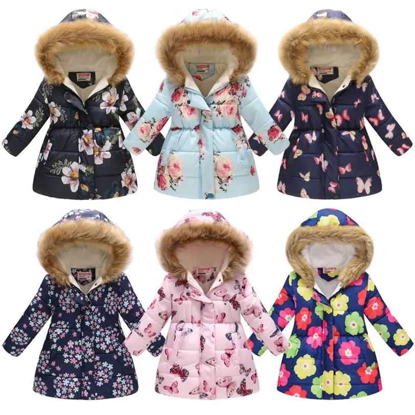 Fashion Kids Girls Jackets Autumn Winter Warm Down Park For Coat Baby Hooded Print Jacket Outerwear Children Clothing 211222