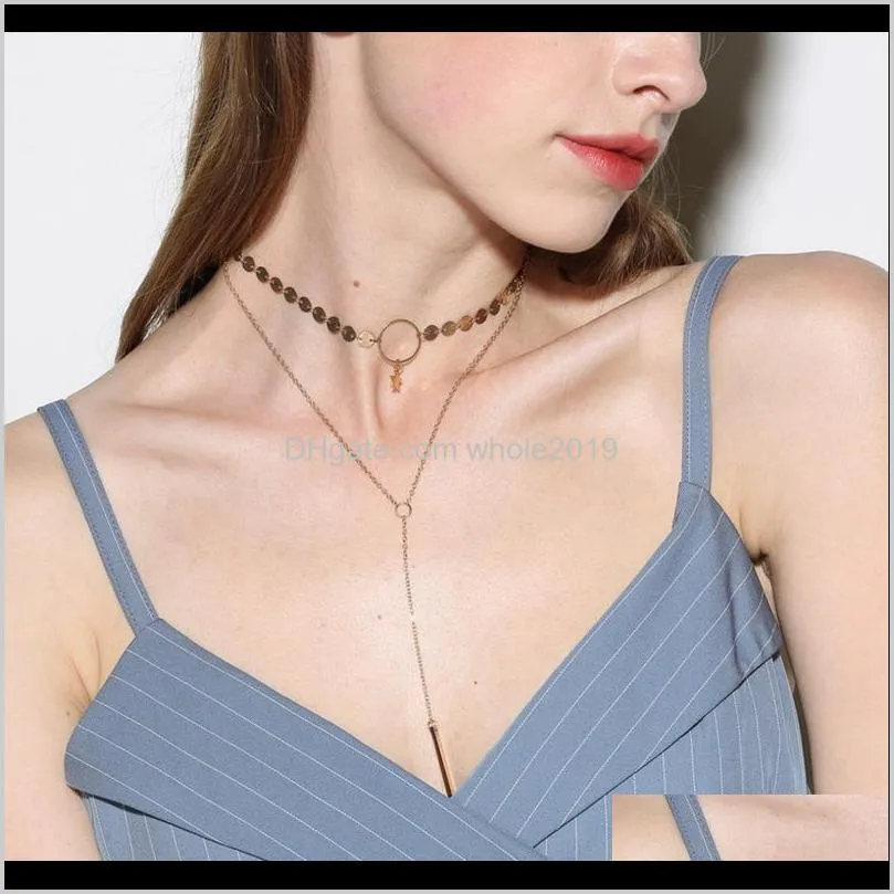 star accessory pendant bar thirough circle with lariat gold and silver plated metal choker chain two layer necklace