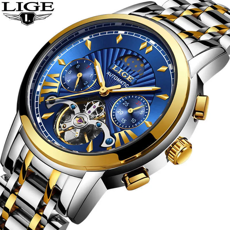 LIGE Relojes para hombre Top Brand Luxury Reloj mecánico automático para hombres All Steel Business Reloj deportivo impermeable 210527