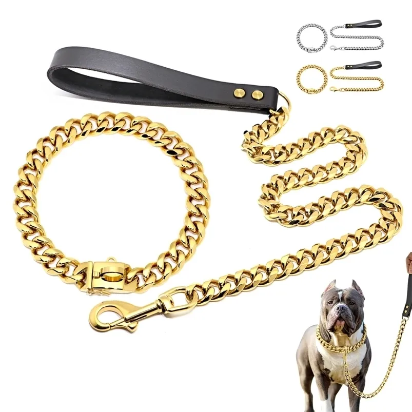 Edelstahl Metall Gold Hundezubehör Kettenhalsband Leine Haustier Trainingshalsband für mittelgroße große Hunde Pitbull Französische Bulldogge 210729