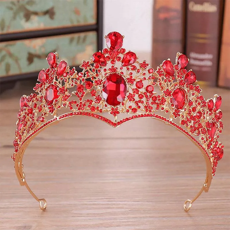Headpieces Luxury Gold Bridal Red Teardrop Crystal Rhinestone