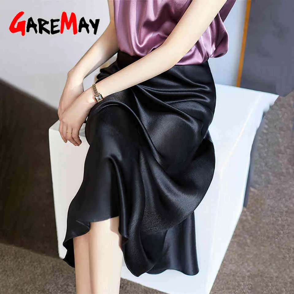 Satin kjol för kvinnor sommar hög midja elegant knä längd kontor vintage koreansk stil kvinnors silke svart 210428