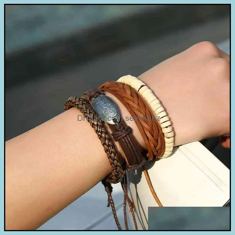 Bracelets bracelet suit Simple DIY woven cowhide punk men`s hemp rope leather