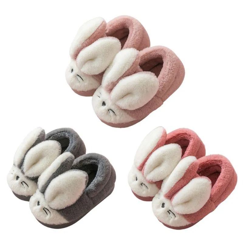 Infant Kids Winter Fuzzy Warm Home Slippers Cartoon Ears Non-Slip Shoes