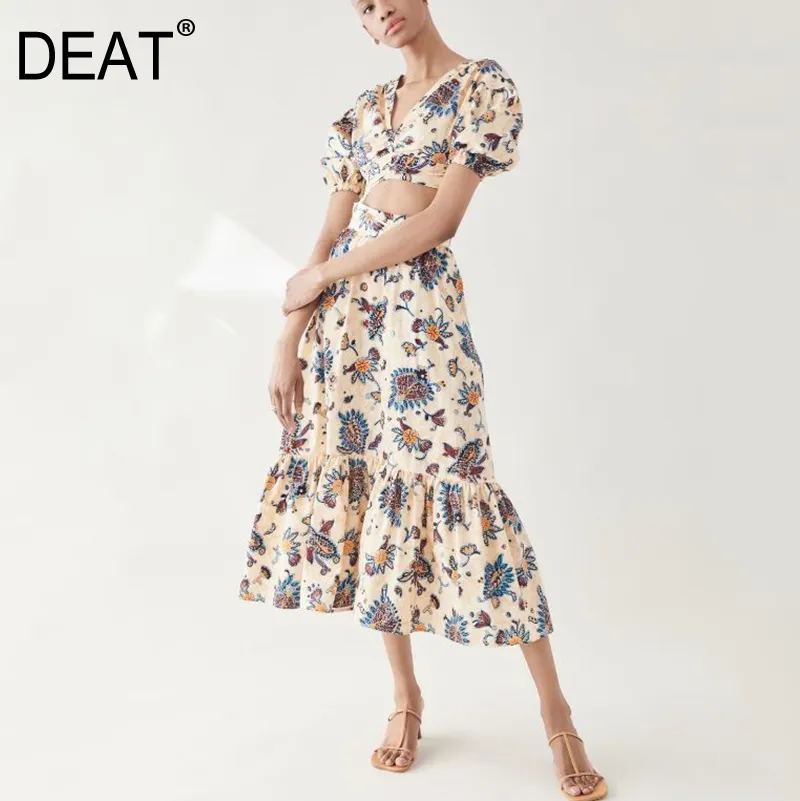 DEAT New Summer Fashion Women Clothes Printed High Waist Hollow Out A-line Pullover TOP And Long Skirt Two Pieces Set WR523 210428