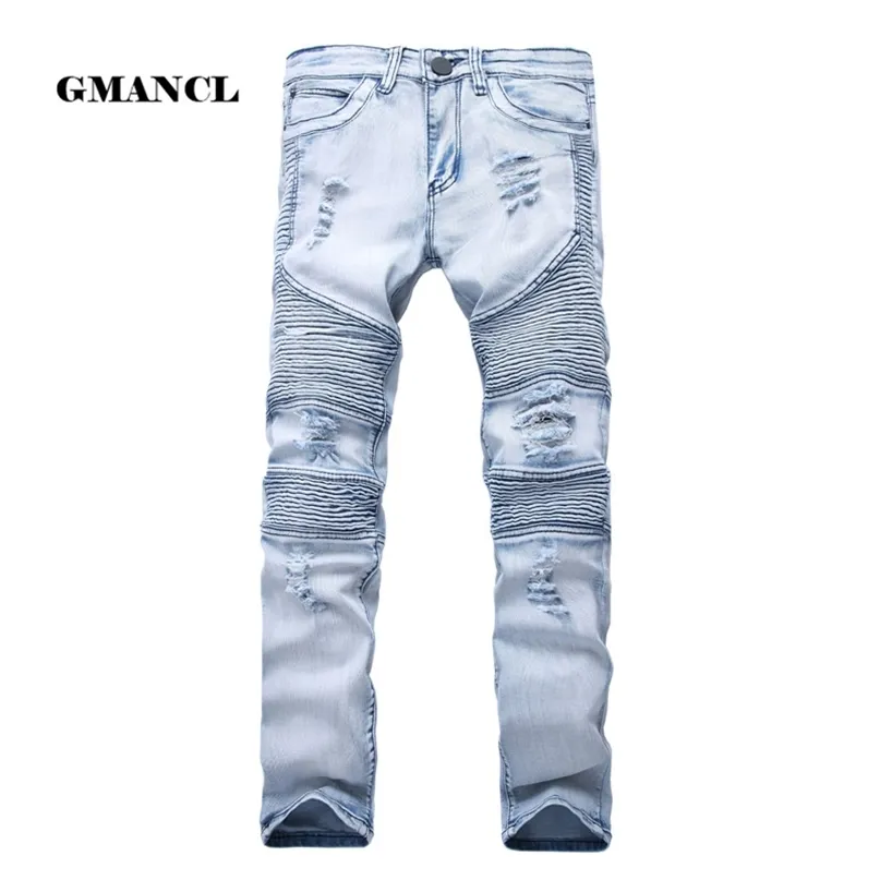 Mens Skinny Jean Distressed Slim Elastic Jeans Denim Biker Hip Hop Byxor Tvättade Ripped Plus Storlek 28-42, YA558 210723