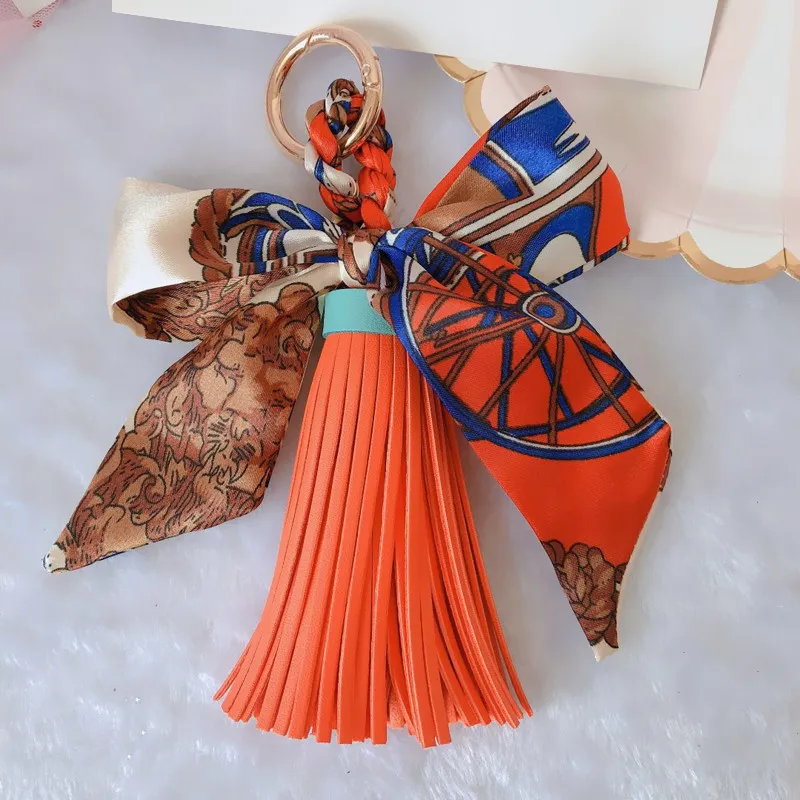 Ribbon Bow Women Keychains Scarf Bowknot PU Leather Tassel Car Key Chain Ring Holder Fashion Pendant Jewelry Keyring Charms Bag Accessories for Girls Gift