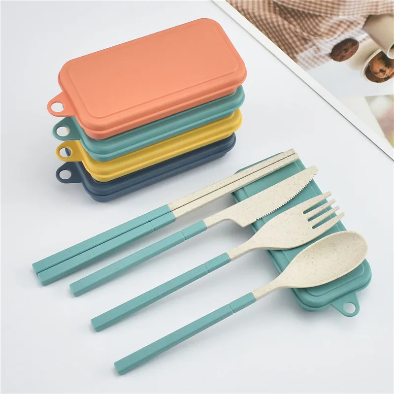 Wheat Straw Folding Cutlery Set Kids Knife Fork Spoon Chopsticks Portable Dinnerware Kits for Travelling and Camping