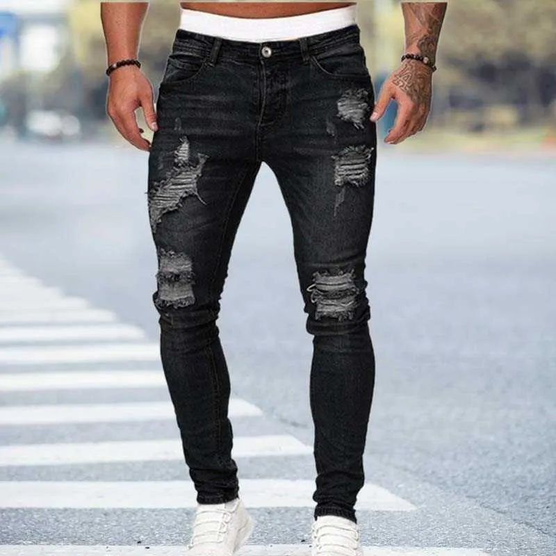 Zwarte Skinny Jeans Mannen Gescheurde Jeans Mannelijke 2021 Nieuwe Casual Gat Zomer Straat Hip Hop Slanke Denim Broek Man Mode jogger Broek X0621