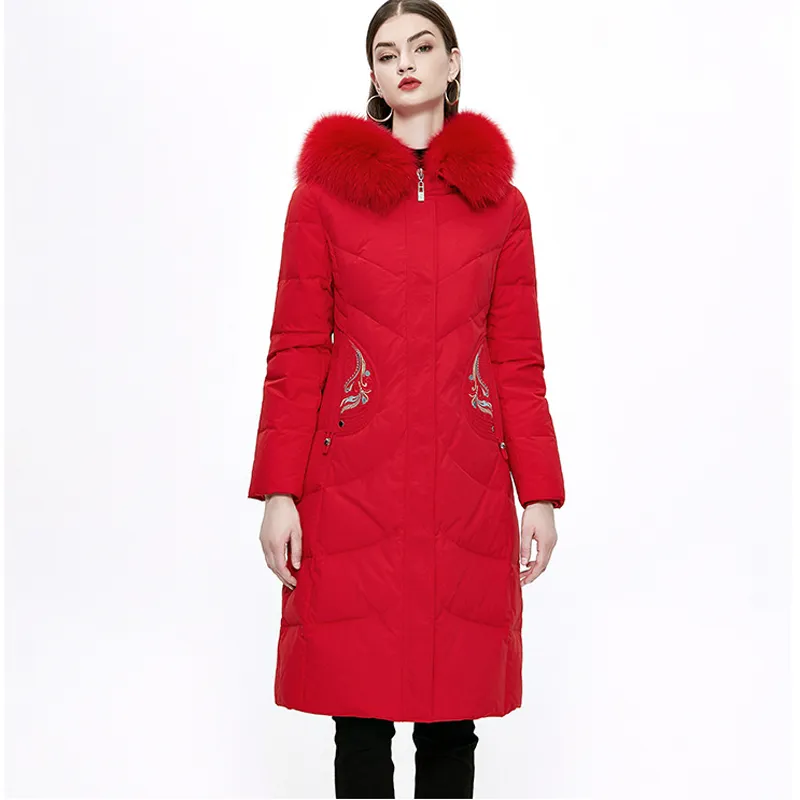Женская взлетно -посадочная полоса вниз по пальто на 100% настоящий меховый воротник с капюшоном. Случайная теплая густая густая пусковая крыло зимняя верхняя одежда