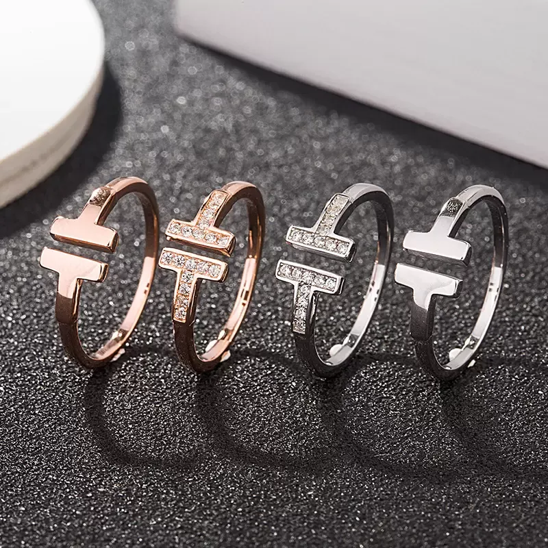 Fashion Love Jewelry S925 Sterling silver Ring Lady's Opening diamond ring Rose gold letter T wedding