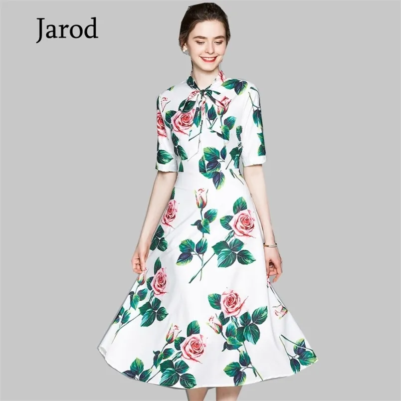 Designer d'été robe de mode femmes à manches courtes imprimé décontracté Rose fleur blanc noeud papillon élégant robe mi-longue Vestidos 210519