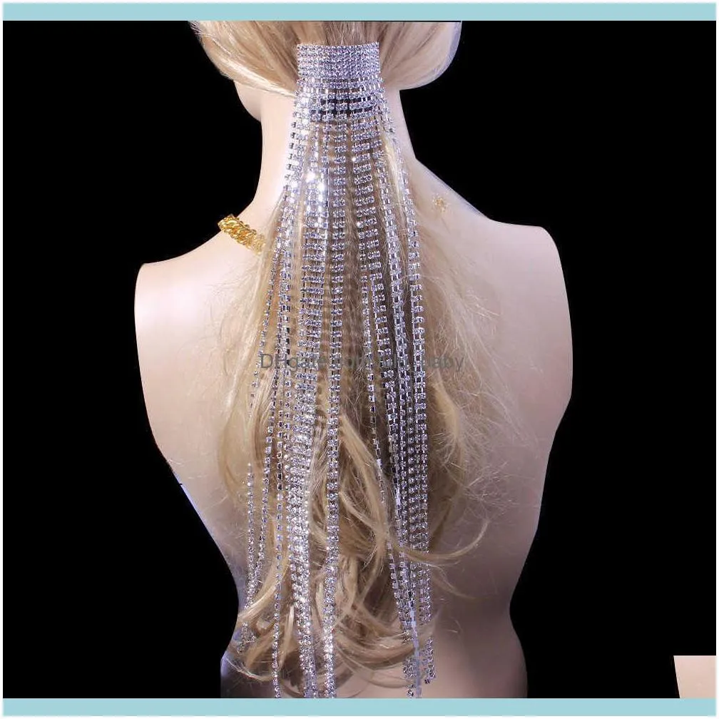 2021 Exaggerated Rhinestone Tassel Chain Combs Wedding Accessories for Girl Luxury Crystal Hair Clips Headband Jewelry