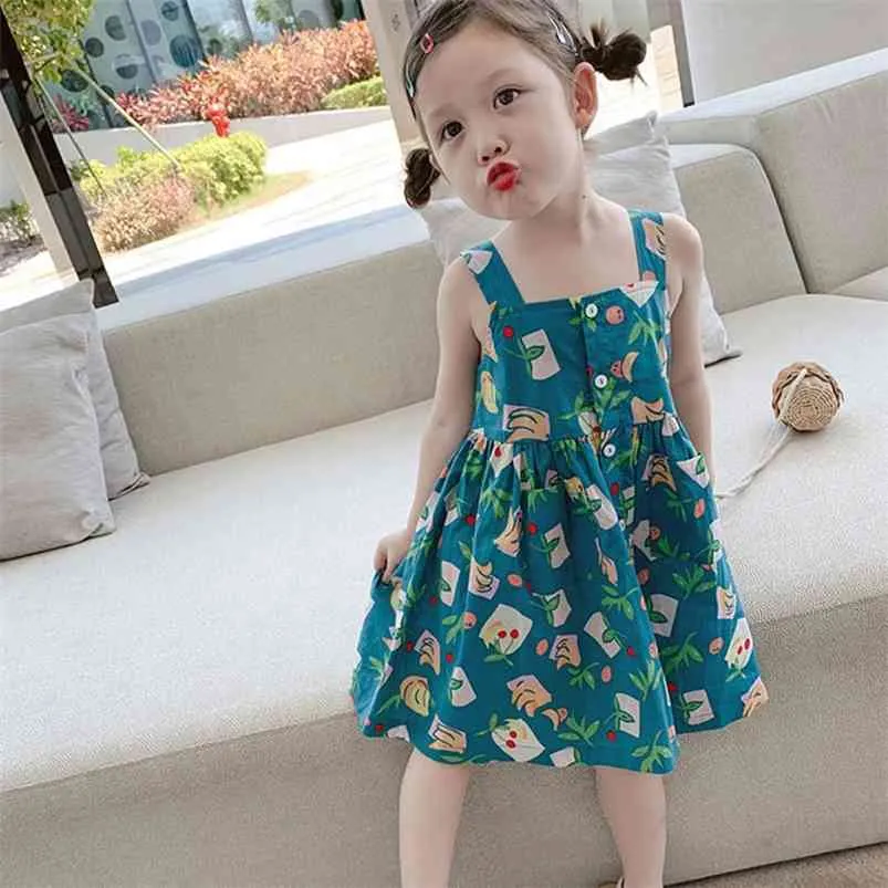 Filles été robe jarretelle col carré boutons Style coréen mignon bébé enfants vêtements vêtements pour enfants 210625