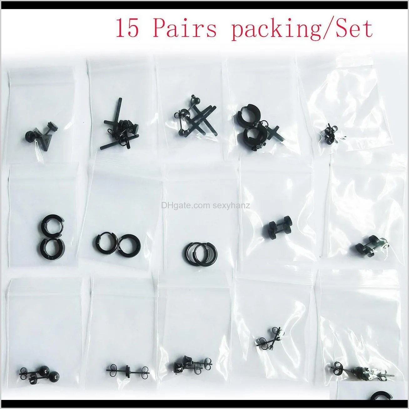 d1034 black earring stud for men 15 pairs stainless steel black earring sets women earring piercing jewelry