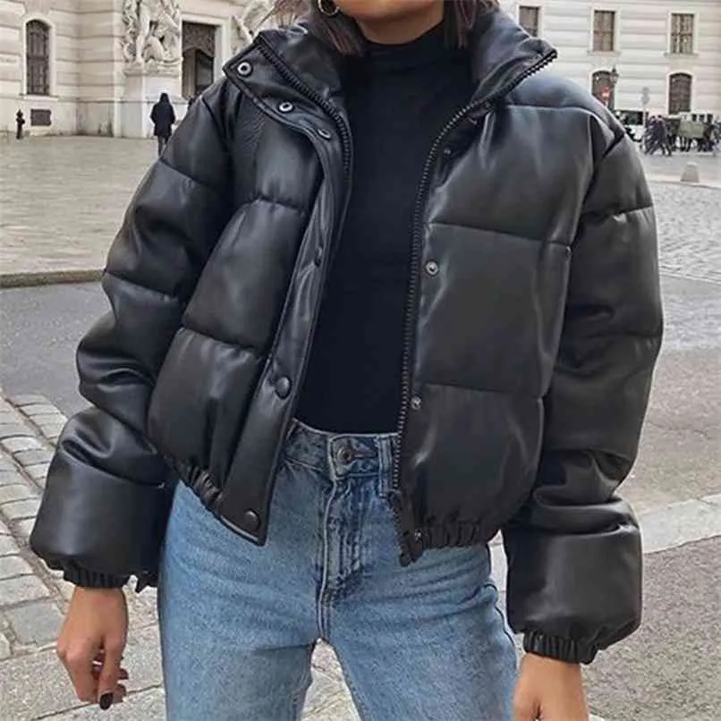 Faux Lether Warm Puffer Cropped Black Jacket Women Fall Winter Female Down Bubble Coat Turtleneck Long Sleeve Thick Parkas 210913