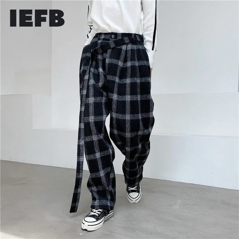 IEFB / Mäns Slitage Niche Höst och Vinter Svart och Vit Plaidbyxor Mäns Lösa All-Match Casual Woolen Byxor 9Y3873 210524