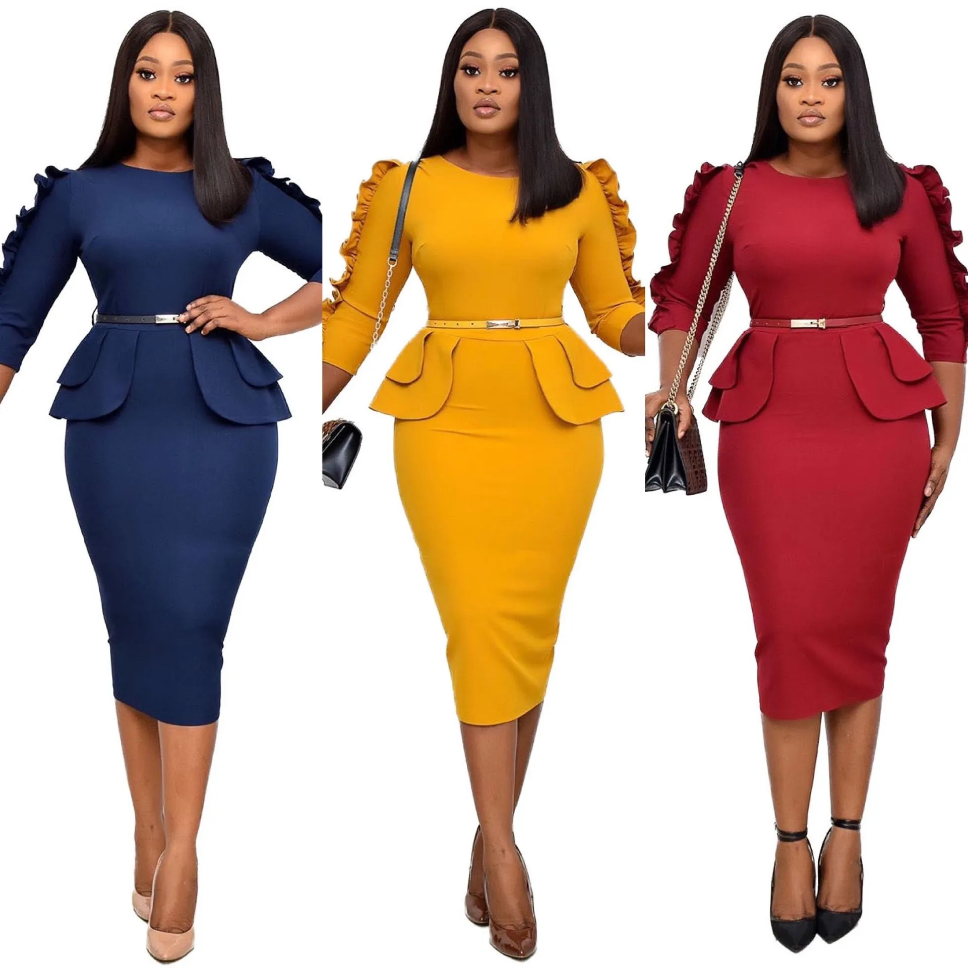 Plus Size 3XL Women 3/4 Sleeve High Waist Ruffles Midi Dress Classy Office Ladies Chic Work Dress