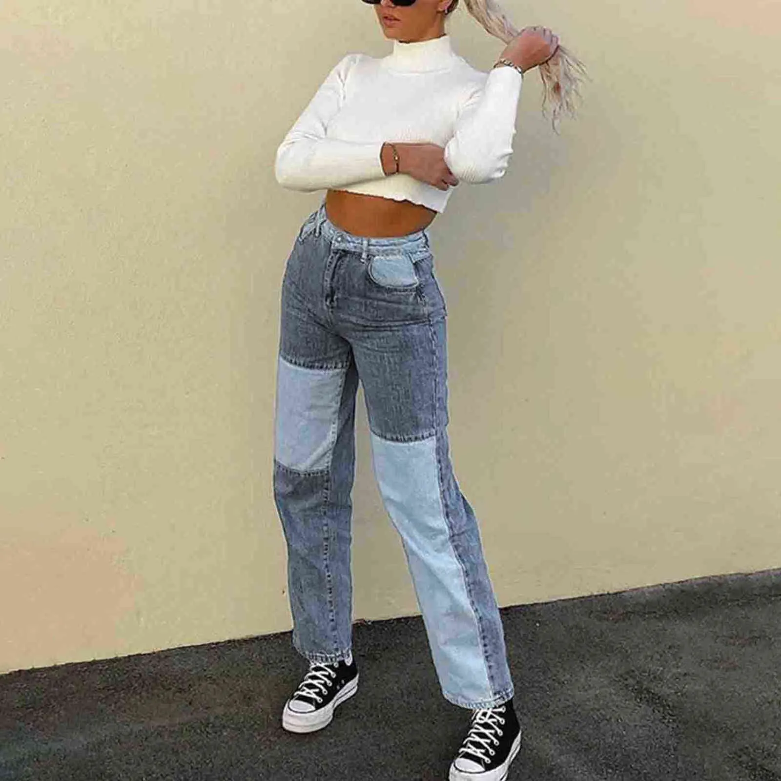 Mode Kvinnor Byxor Y2K Jeans Höst High Street Denim Trousers Baggy Bomull Spliced ​​Jeans Mom Classic Cargo Byxor För Girls Y211115