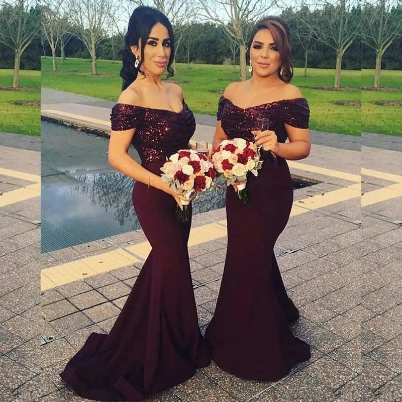 Maroon off the on sale shoulder bridesmaid dress