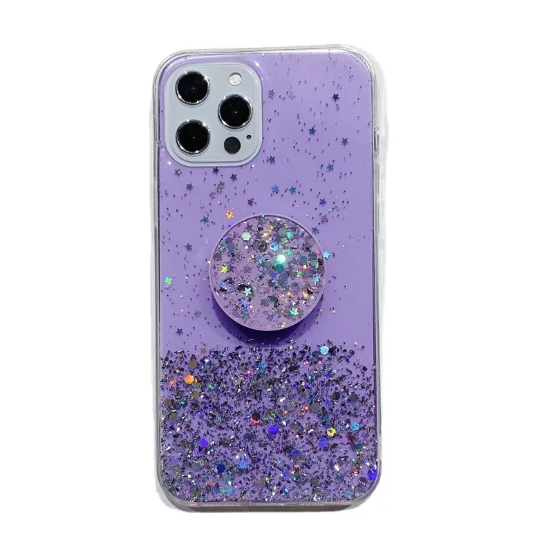 Funda protectora con soporte de cielo estrellado con purpurina epoxi para Iphone 13, 13pro Max, 12, 12pro, 11pro, 7, 8plus, pulsera a prueba de golpes