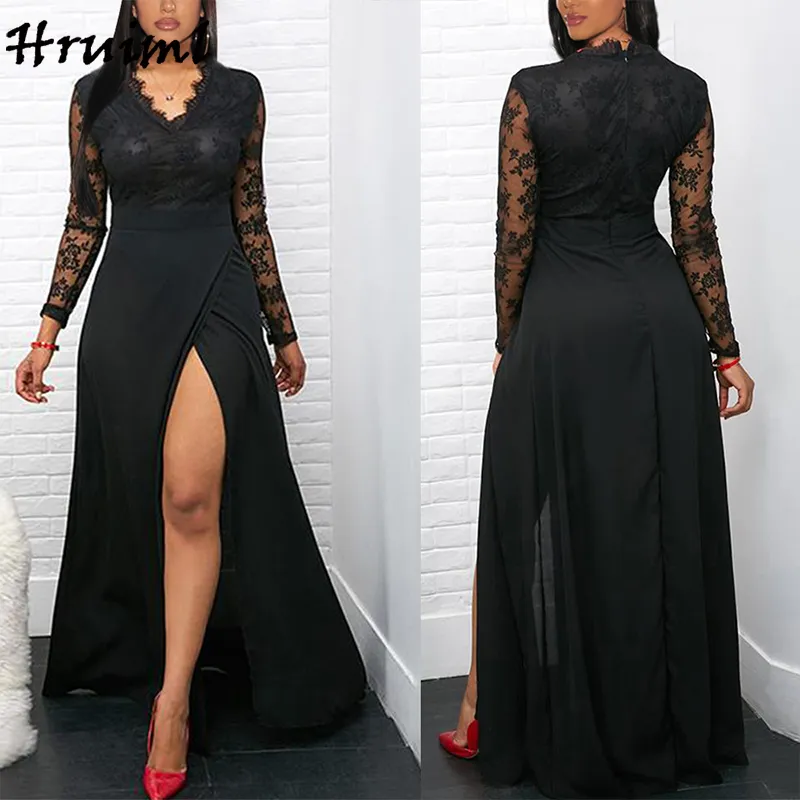 Black Lace Thigh-Length Night Long Black Dress with V-Neck and Slit for Women - Elegant Party Wear (210513)