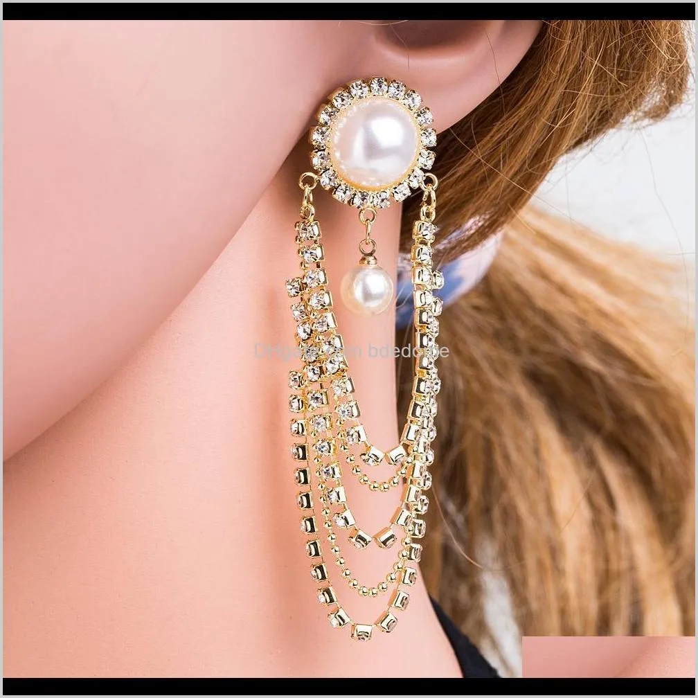 blingbling exaggerated new fashion large round pearl diamond earrings for female ear studs long tassel earrings