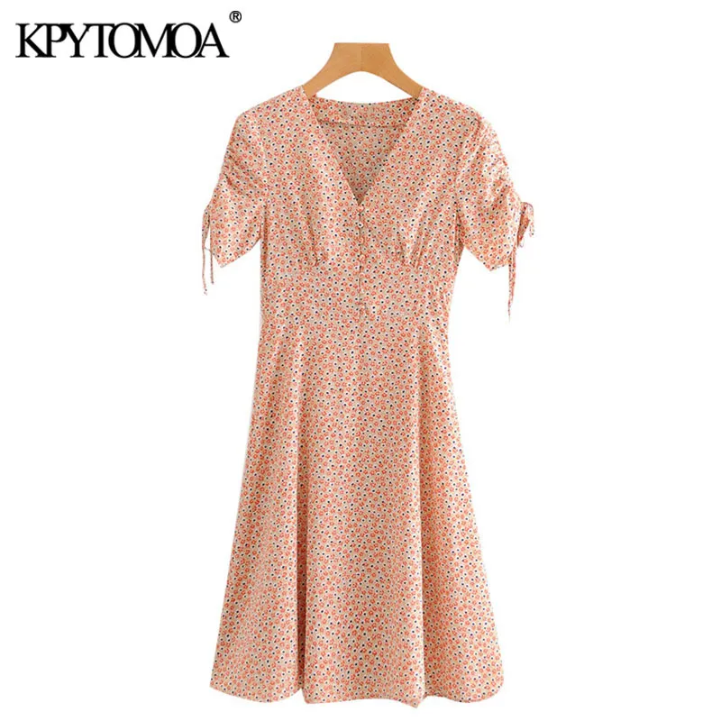 Kobiety Chic Moda Floral Print Mini Dress Vintage V Neck Lace-Up Rękawy Side Zipper Kobiece Sukienki Vestidos 210416