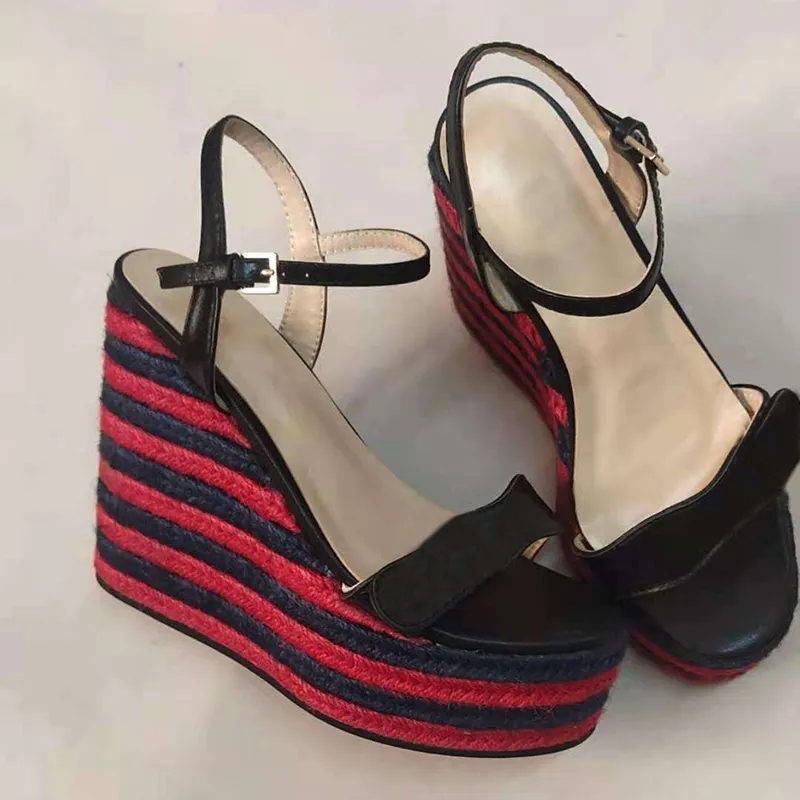 2021 Women`s leather platform espadrille Designer Wedge sandals High Heels 8-13cm Adjustable ankle strap sandal Summer Sexy Wedding Shoes With Box 291