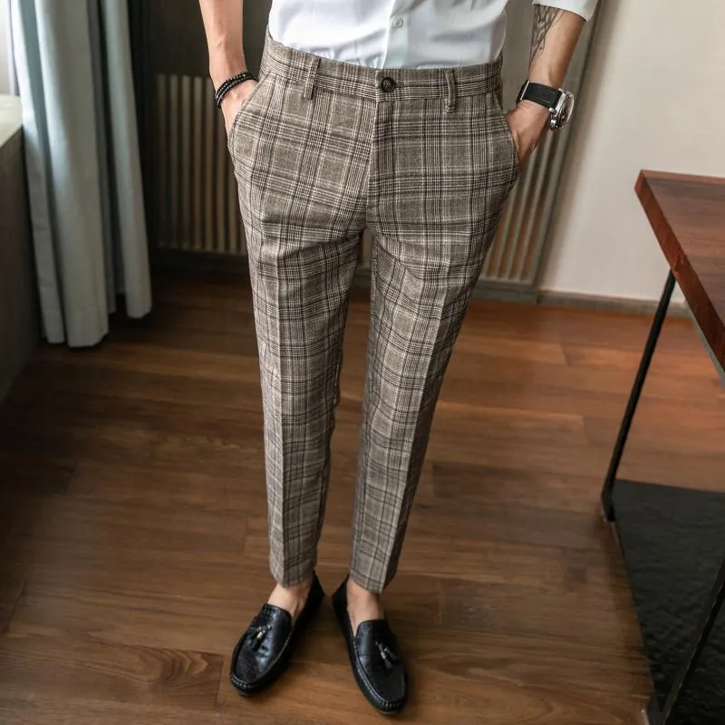 Herrbyxor Koreanska Mäns Klänning Mode Plaid Stripe Casual Slim Fit Office Pantalon Classic Retro Suit Pant Wedding